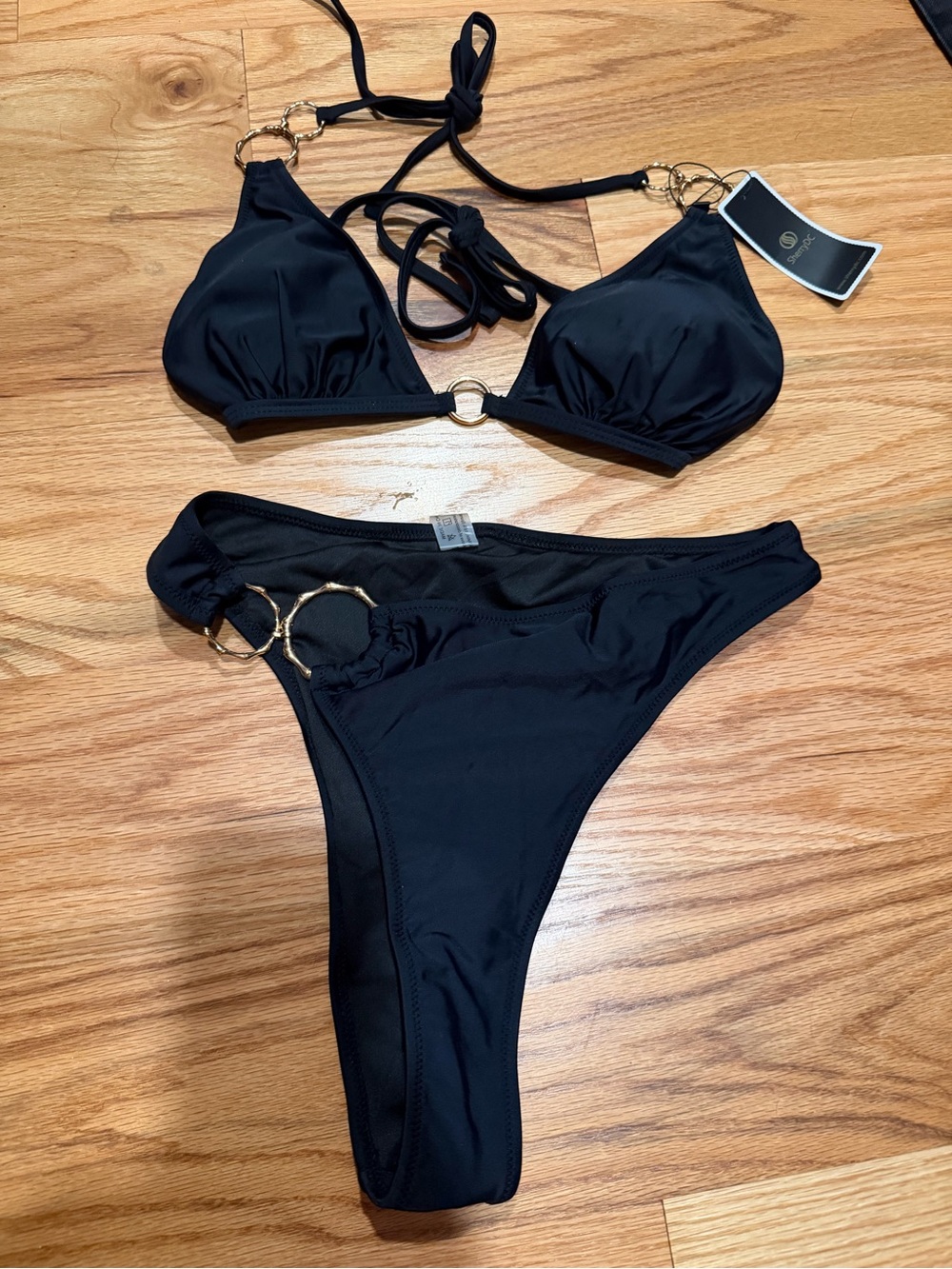 Black Ring-Accent Triangle Bikini Set - Women Swim